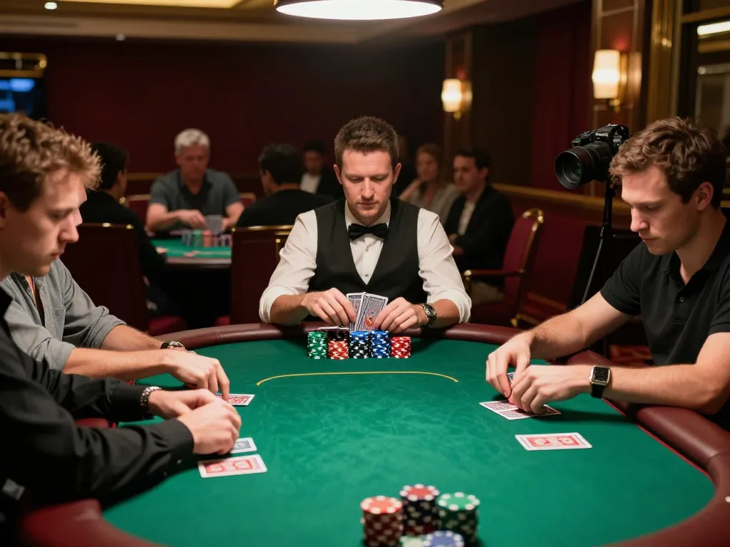 Players strategizing in an intense poker game at the casino, featuring da88 chips and green felt table.