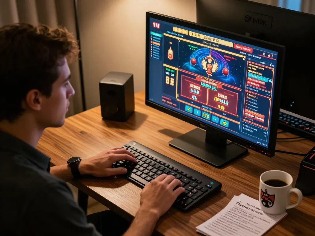 Engaging in strategic gameplay on 9Bet com online casino setup, showcasing a player concentrating on screen.