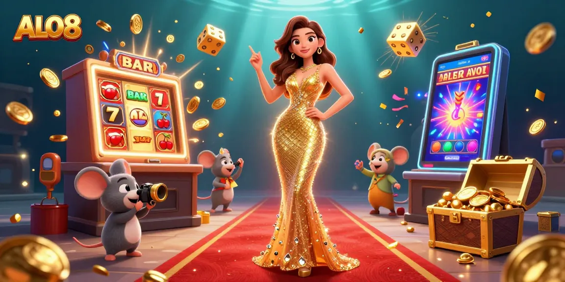 Experience thrilling wins at ALO8 with a glamorous casino scene featuring slots and jackpots.
