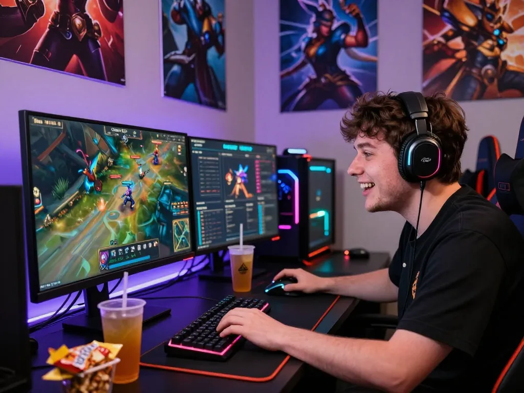Engaged gamer analyzing Onbet LOL gameplay in a vibrant gaming setup