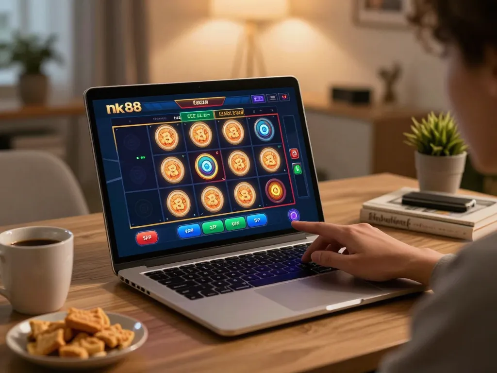 Engaging home gaming scene with nk 88 online casino slot interface on laptop, showcasing a relaxed player atmosphere.