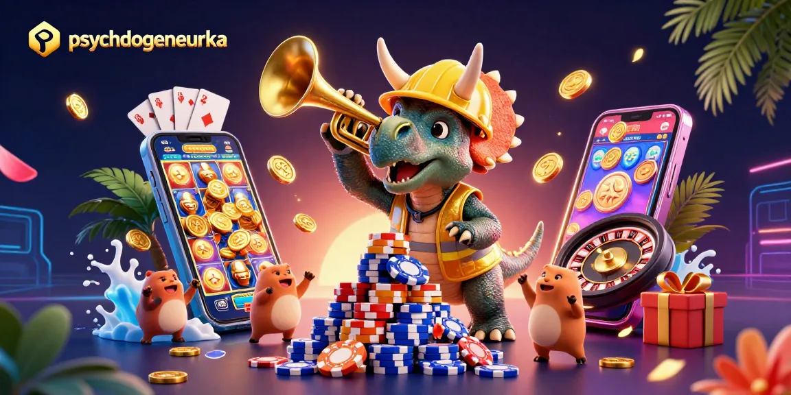 Speel bij psychologeneureka met een 3D-triceratops die spelchips opstapelt, omringd door gaming elementen.