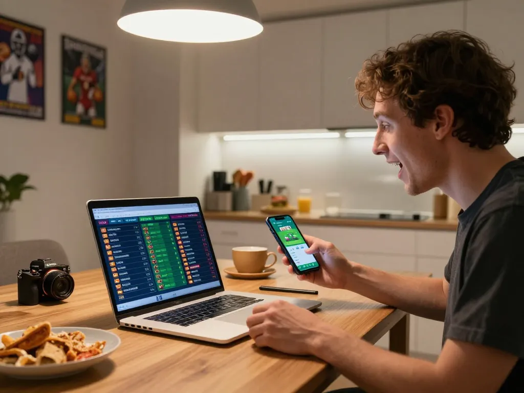Engaging sports betting moment at home featuring p789bet app on smartphone.