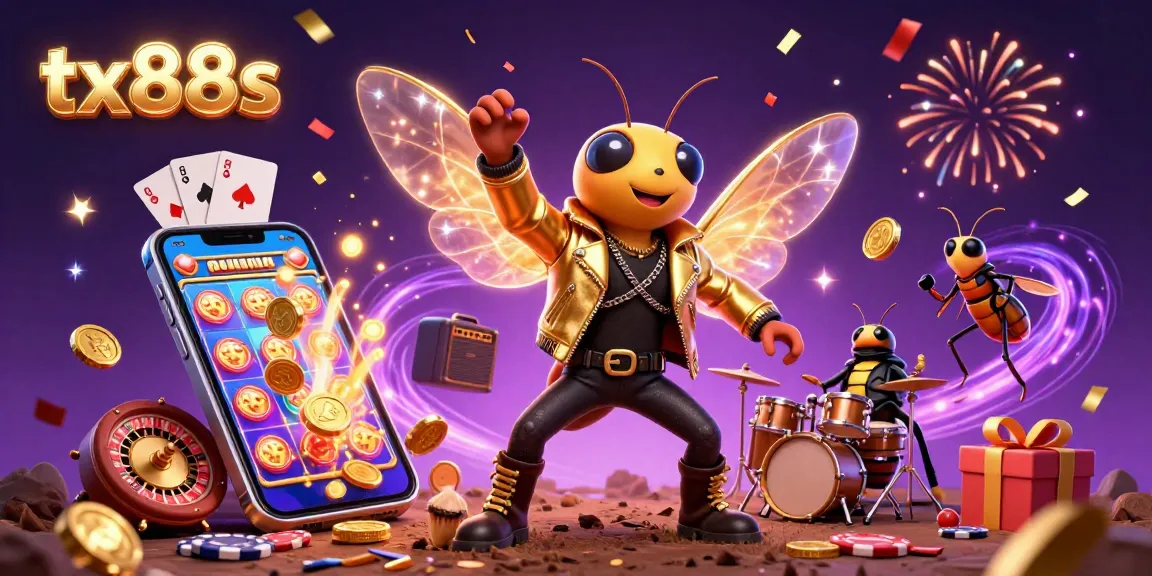 Engage with exciting casino action at tx88s featuring a vibrant 3D scene of a cicada rock star and game elements.