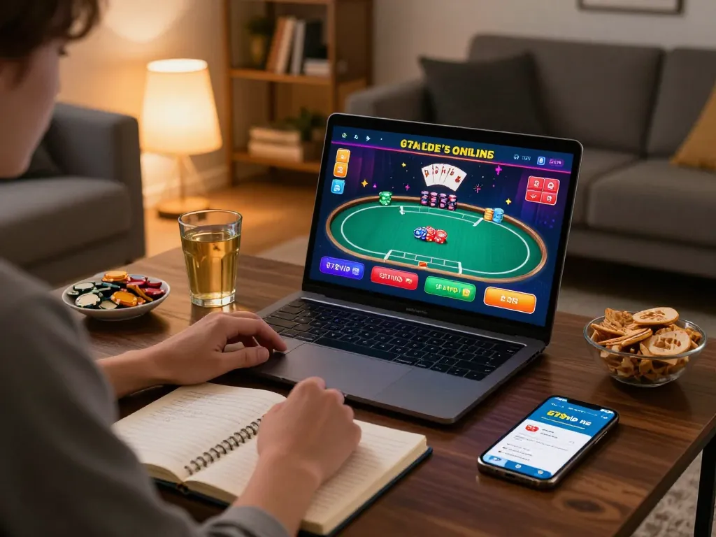 Player engaged in an online poker game at home using 678vip ne platform with a cozy ambiance.