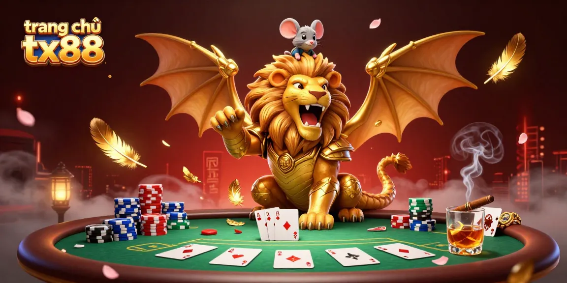 Experience thrilling gameplay at trang chủ tx88 with a dragon-winged chimera and poker elements in a vibrant casino.