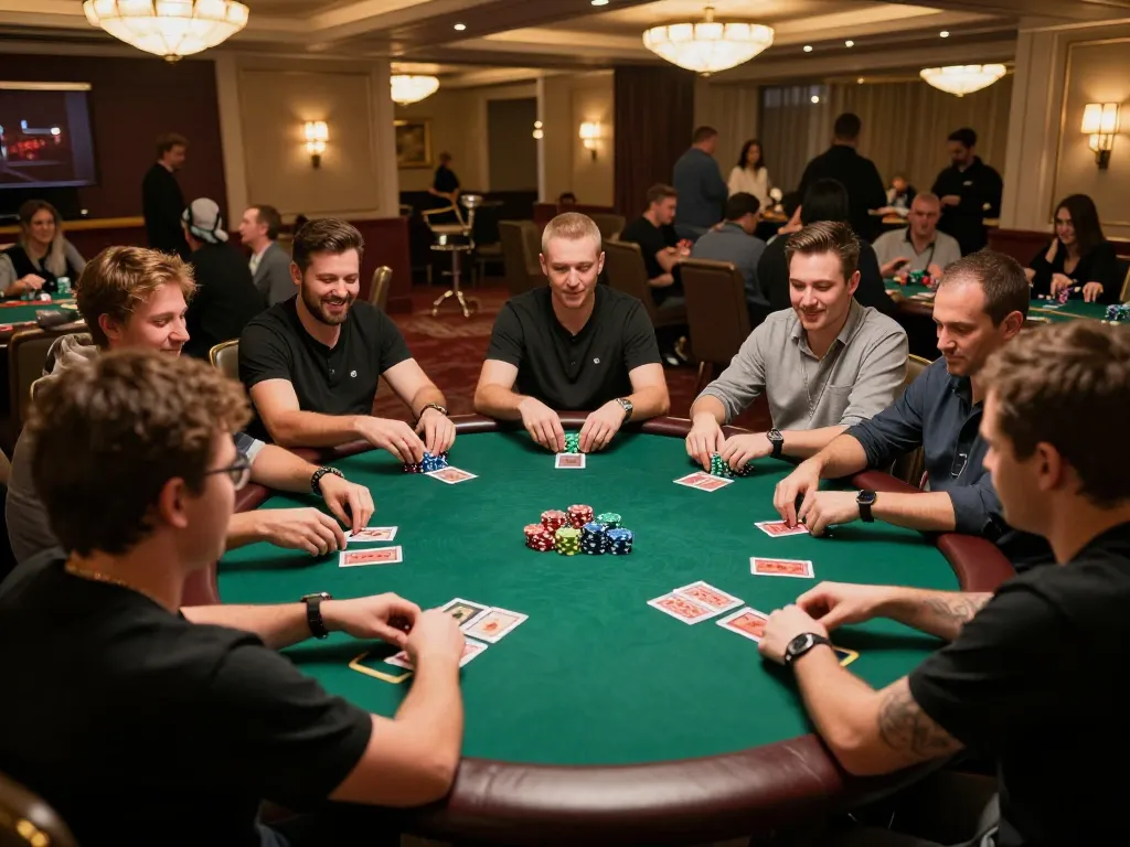 Engaged players enjoying a poker game at LC88 my casino, lively atmosphere with vibrant action.