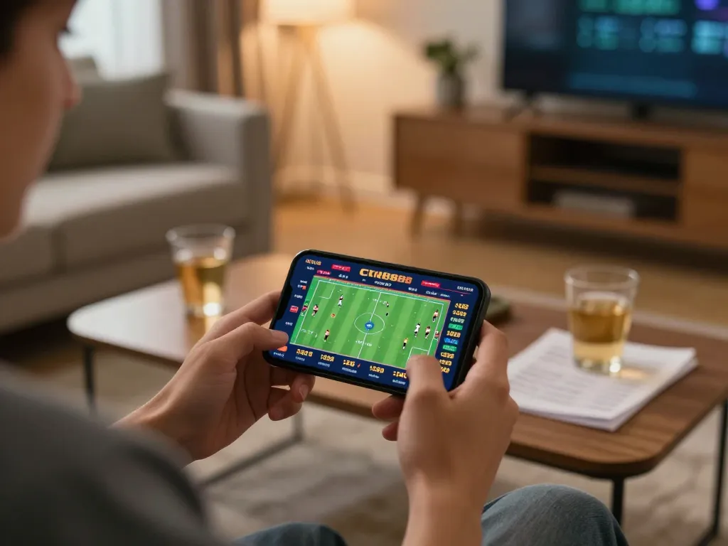 Mobile gambler placing bets on CM8888 soccer match from a cozy living room