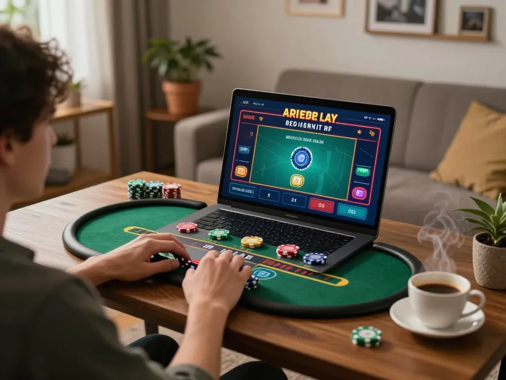 Engaged player enjoying online blackjack on Five88 in a cozy home setting with ambient lighting.
