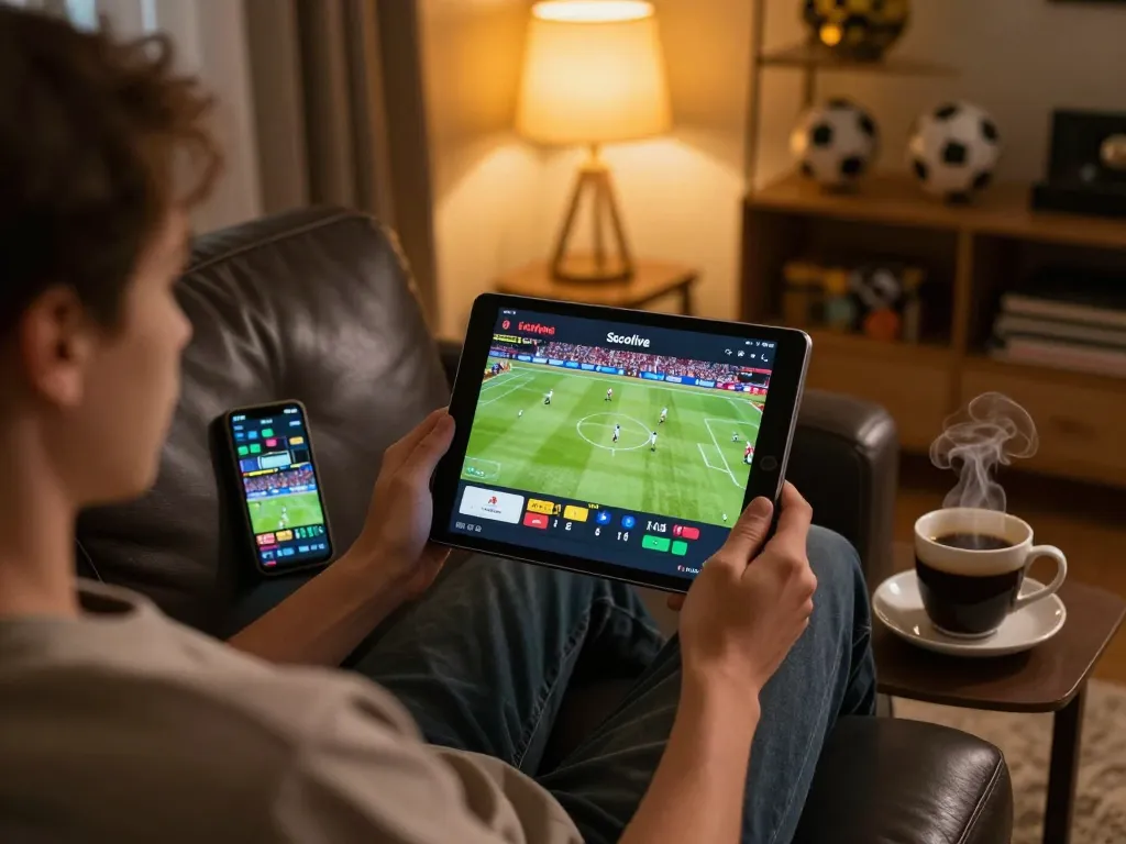 Socolive user enjoying live sports betting experience on a tablet in a cozy home setting.