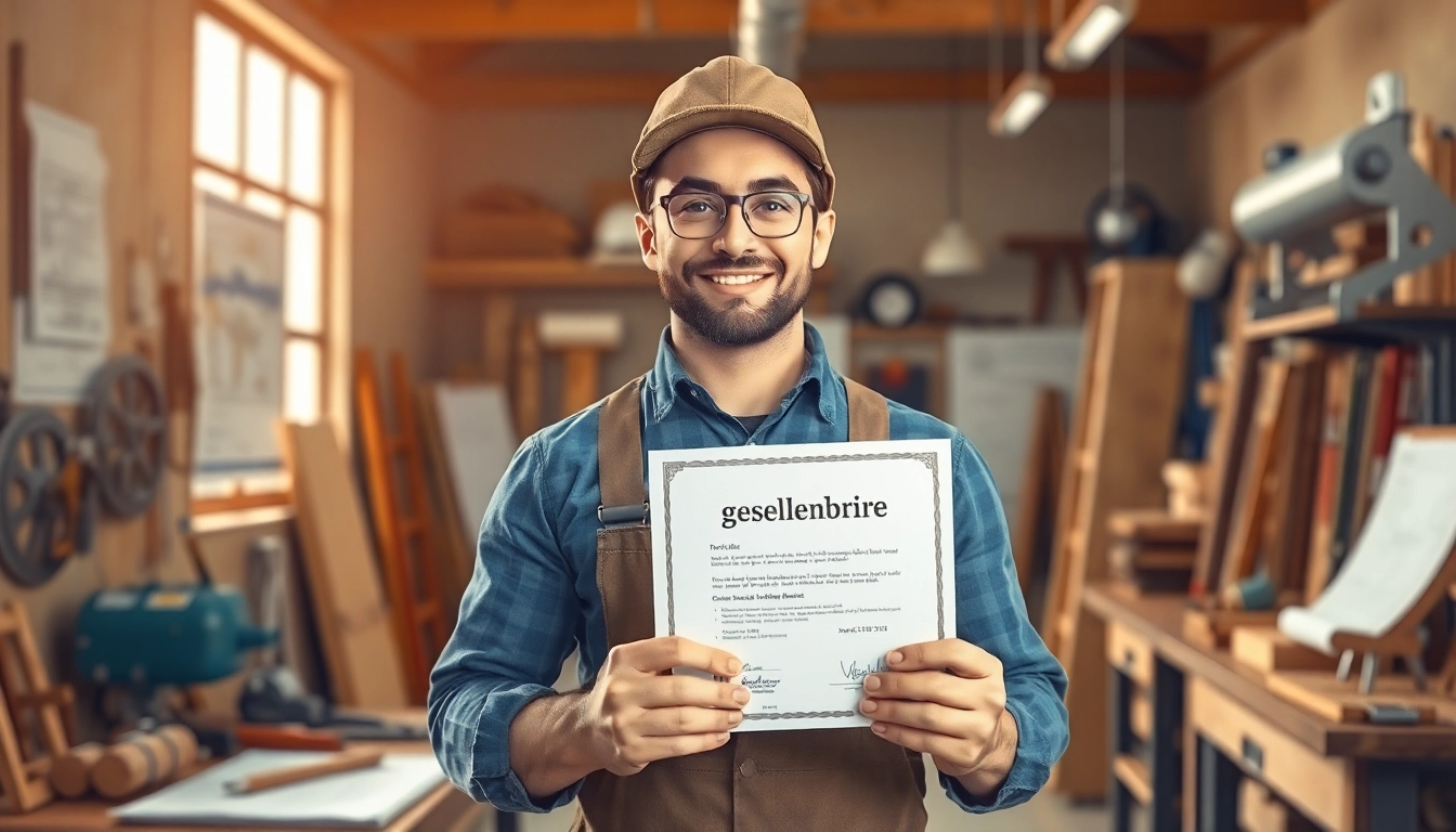 Skilled tradesman showcasing his gesellenbrief in a workshop filled with tools.