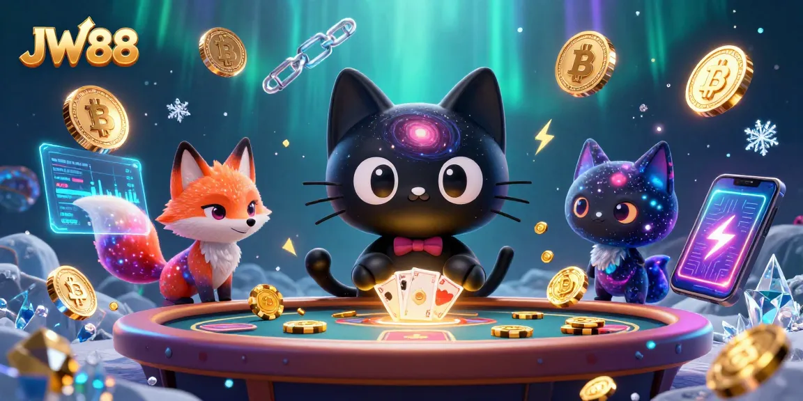 Experience an engaging JW88 cosmic casino scene with a black hole cat and nebula fox animatedly playing