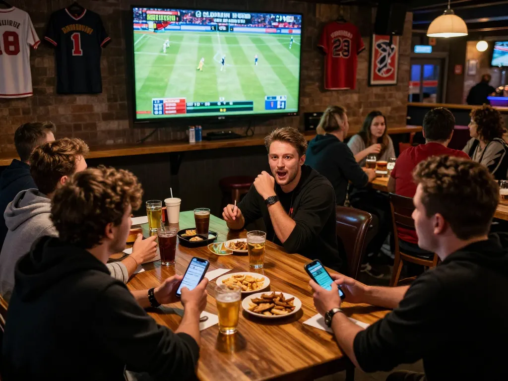 Enthusiastic friends engaging in sports betting at ta88pro.com during a live match