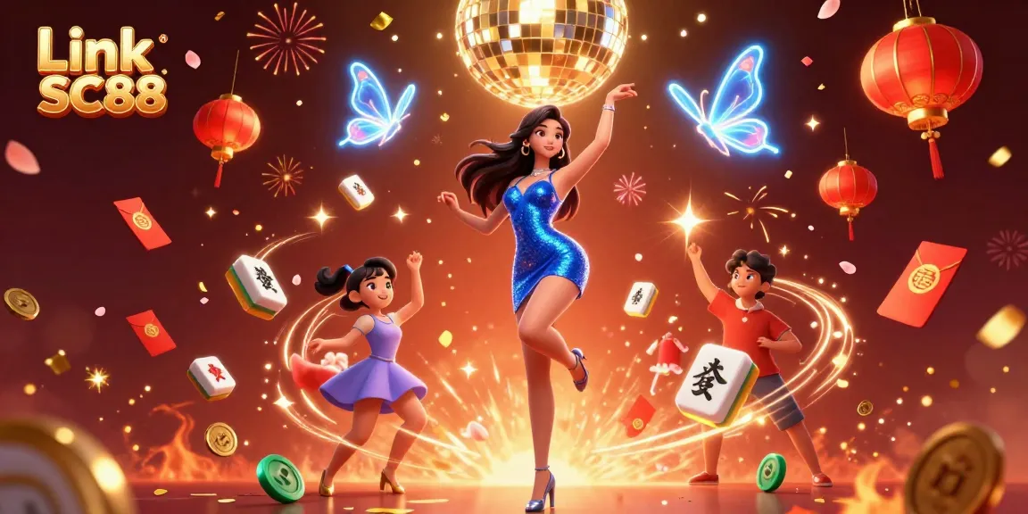 Engage with Link SC88 using vibrant casino-themed artwork showcasing a glamorous woman dancing amid festive elements.