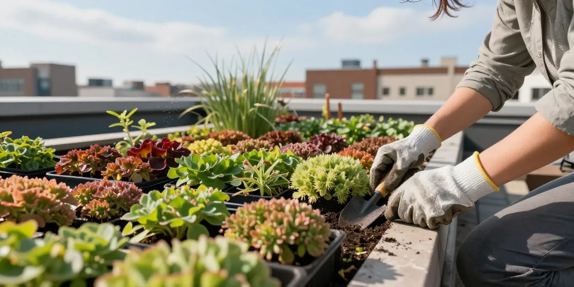 Vibrante daktuin scène wanneer sedum op groen dak te planten voor optimale groei