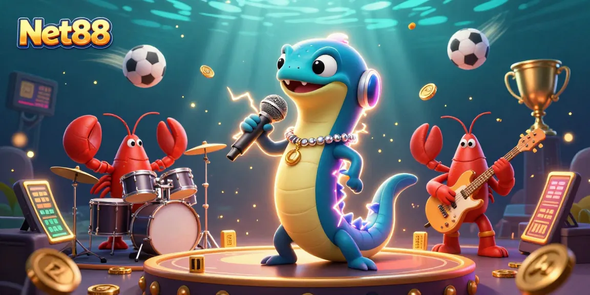 Engage with Net88’s vibrant underwater casino scene featuring energetic characters and dynamic sports elements.
