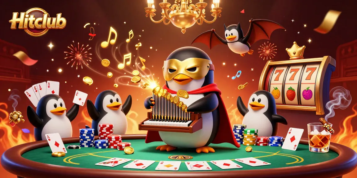 Hitclub players enjoy a captivating casino scene with coins and slot reels flying dynamically in the air.