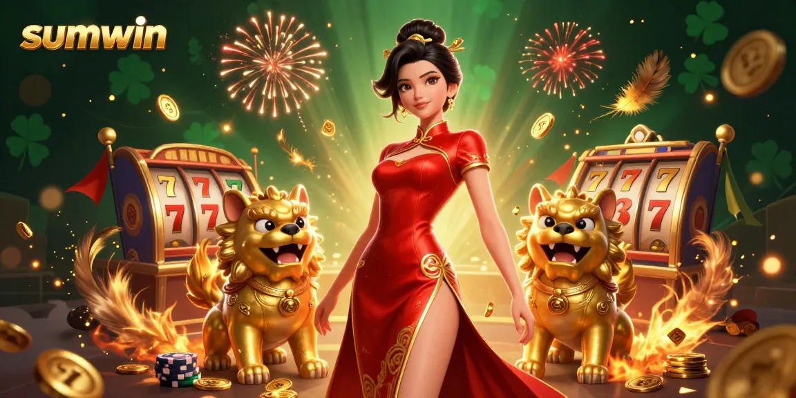 Experience sumwin thrills in a vibrant casino scene with a glamorous Asian woman amidst golden treasures.