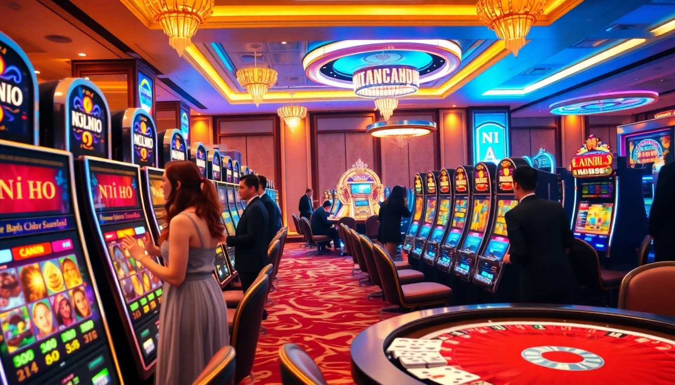 Nổ Hũ slot machines attract players in a luxurious casino environment, showcasing thrilling gaming experiences.