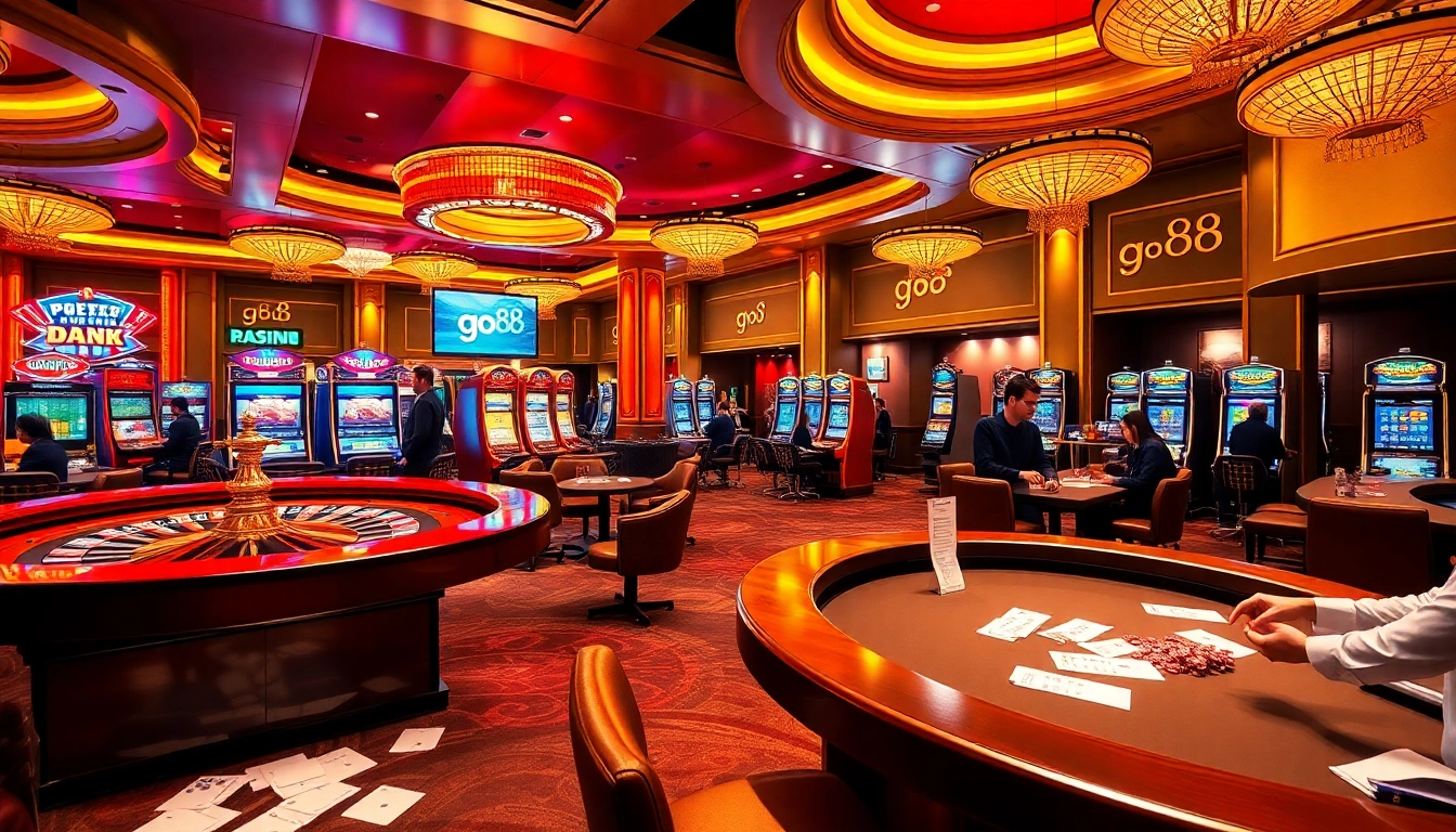 Players engaging in thrilling games at go 88 casino, surrounded by vibrant slot machines and poker tables.
