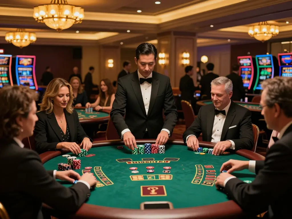 Play blackjack at 8kbet, capturing the excitement of engaged players on a vibrant casino floor.