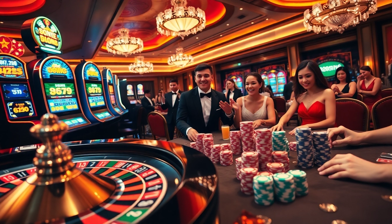 Exciting casino atmosphere showcasing vibrant games at nhà cái vin88 with poker chips and roulette wheel.