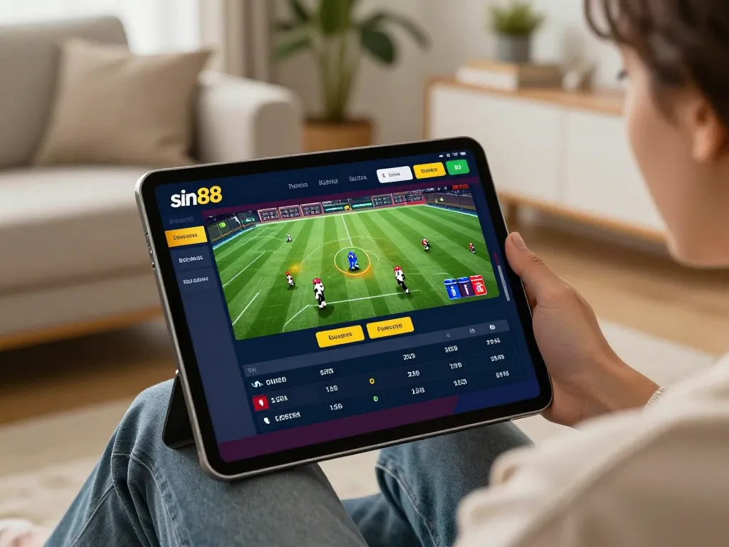 Experience exciting betting actions with sin88 on a sleek tablet in a cozy living room.