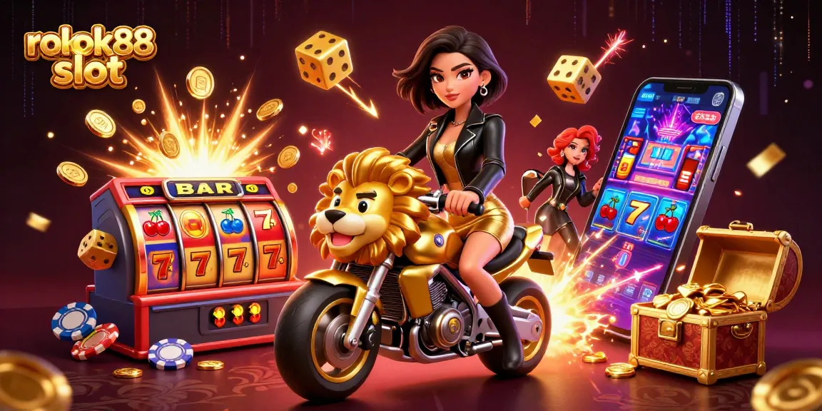 The energetic scene illustrates rokok88 slot featuring a glamorous Asian woman on a golden lion, surrounded by dynamic casino elements and jackpots.