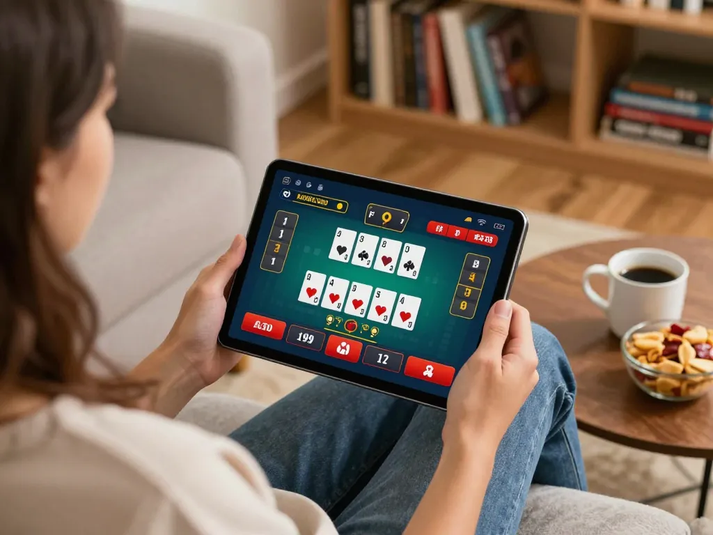 Engaging blackjack gameplay on 92slot’s online platform, demonstrating strategic betting techniques in a cozy home setting