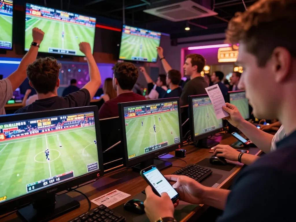MM88 sports betting excitement with enthusiastic bettors placing bets in a vibrant venue.