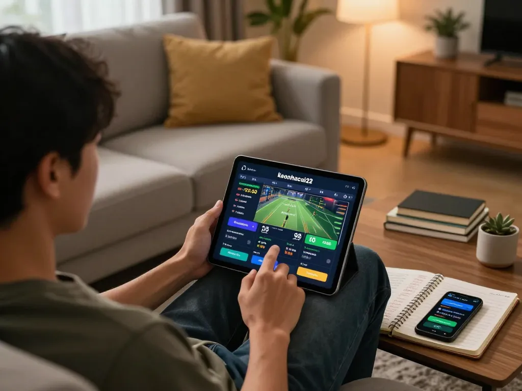 Player using keonhacai22 app for online sports betting in a cozy living room, integrating gambling strategy and personal comfort.