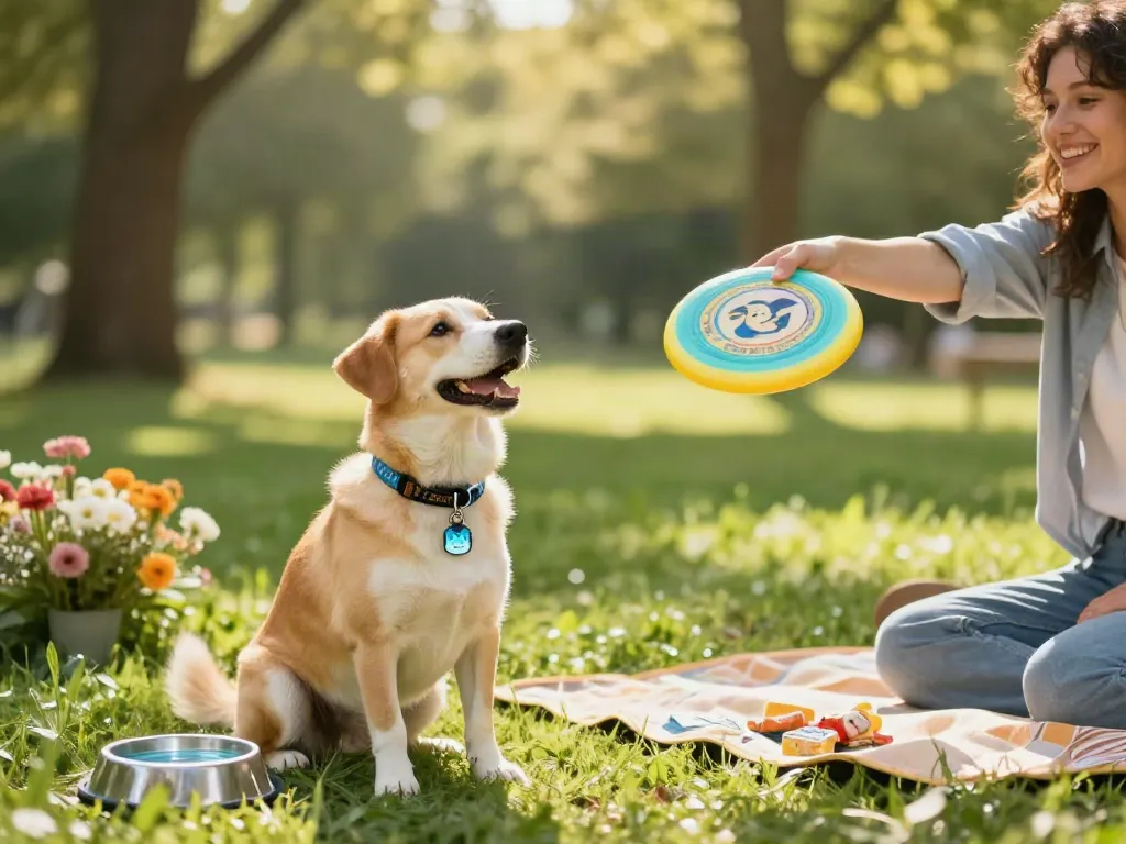 Gepersonaliseerde hondenpenning naam van een gelukkige hond in het park