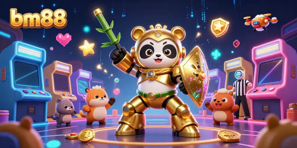 Engage in bm88 casino adventures with a mech-suit panda and vibrant gaming elements.