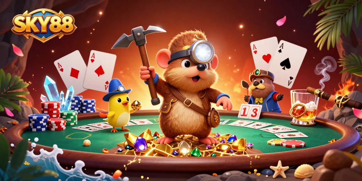 Join the adventure at SKY88 with our treasure hunter mole, exploring riches in this vibrant casino scene!