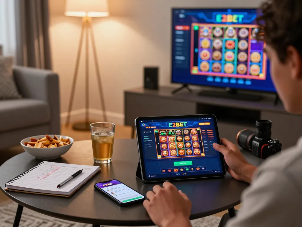 E2BET player engaged in online gaming at home, showing dynamic betting interface and strategy notes.