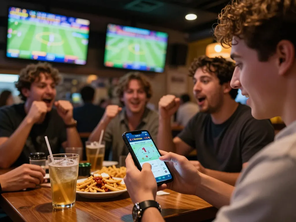 Betting on one88me app during a thrilling sports game at a lively sports bar atmosphere.