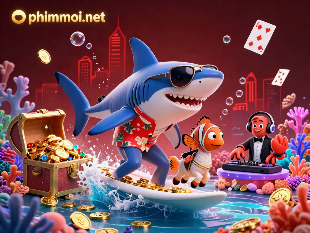 Catch thrilling wins with phimmoi-net featuring a vibrant underwater scene of gambling excitement with a shark character.