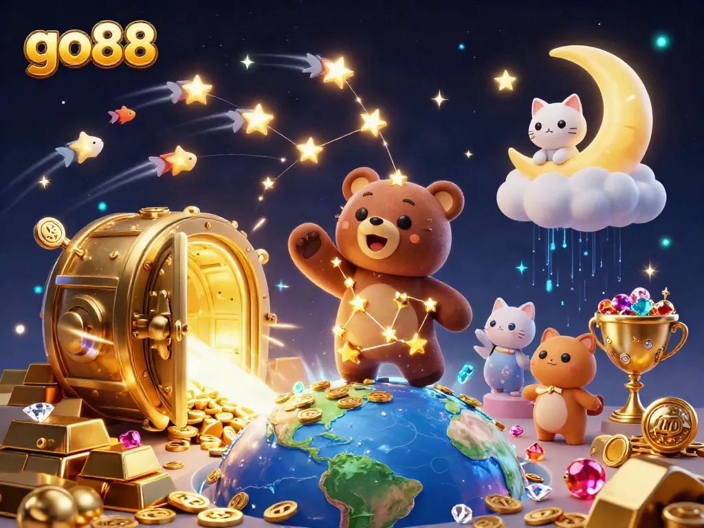 Engage with go88's vibrant universe, showcasing a constellation bear, a moon cat, and treasures.