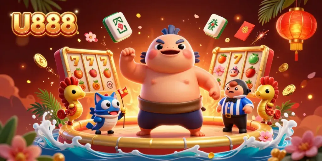 U888 themed underwater casino scene showcasing a giant fugu in a sumo belt with festive elements.