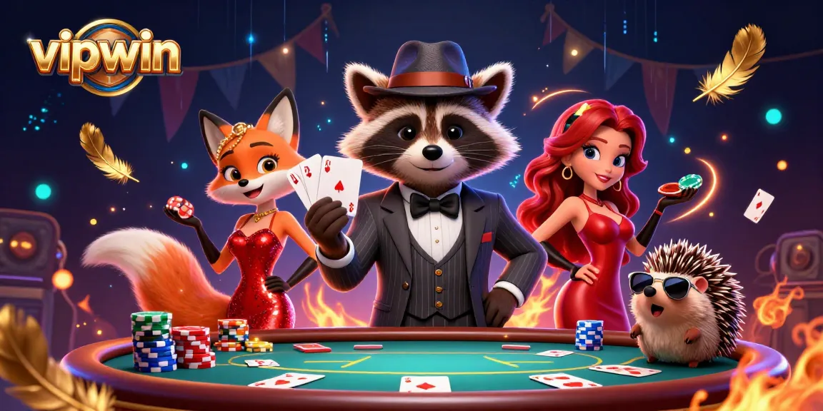 Experience the thrilling poker scene with vipwin's suave raccoon and friends showcasing a royal flush.
