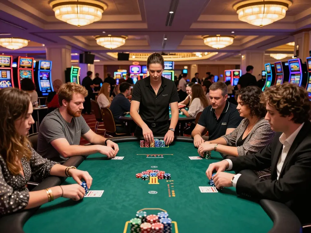 Players engaging in dynamic poker gameplay at a vibrant Vegas casino with kk44-themed chips.