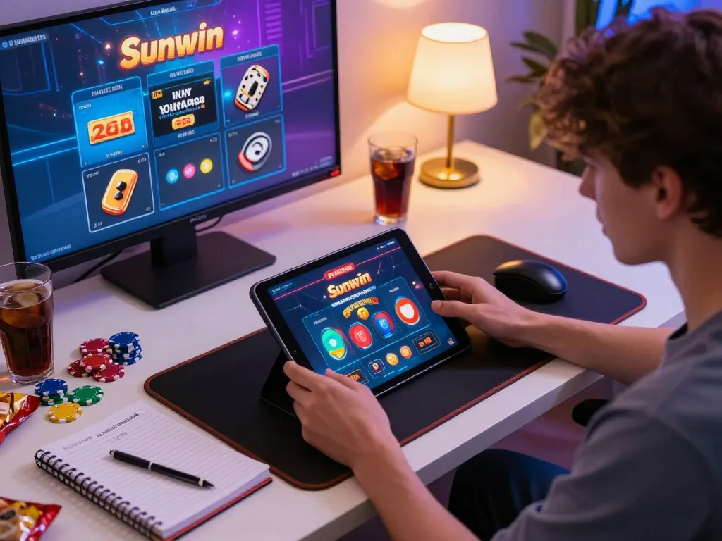 Player enjoying sunwin casino app on tablet during a cozy gaming session