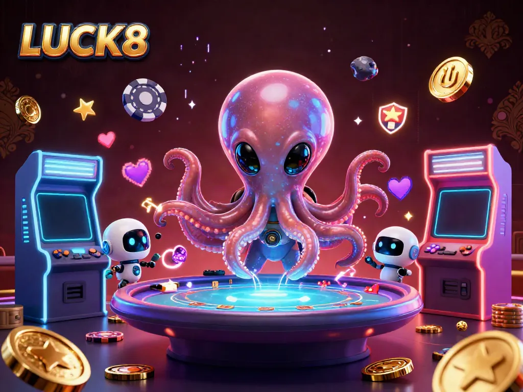 LUCK8 alien octopus interacts with a holographic poker table in a vibrant casino illustration.