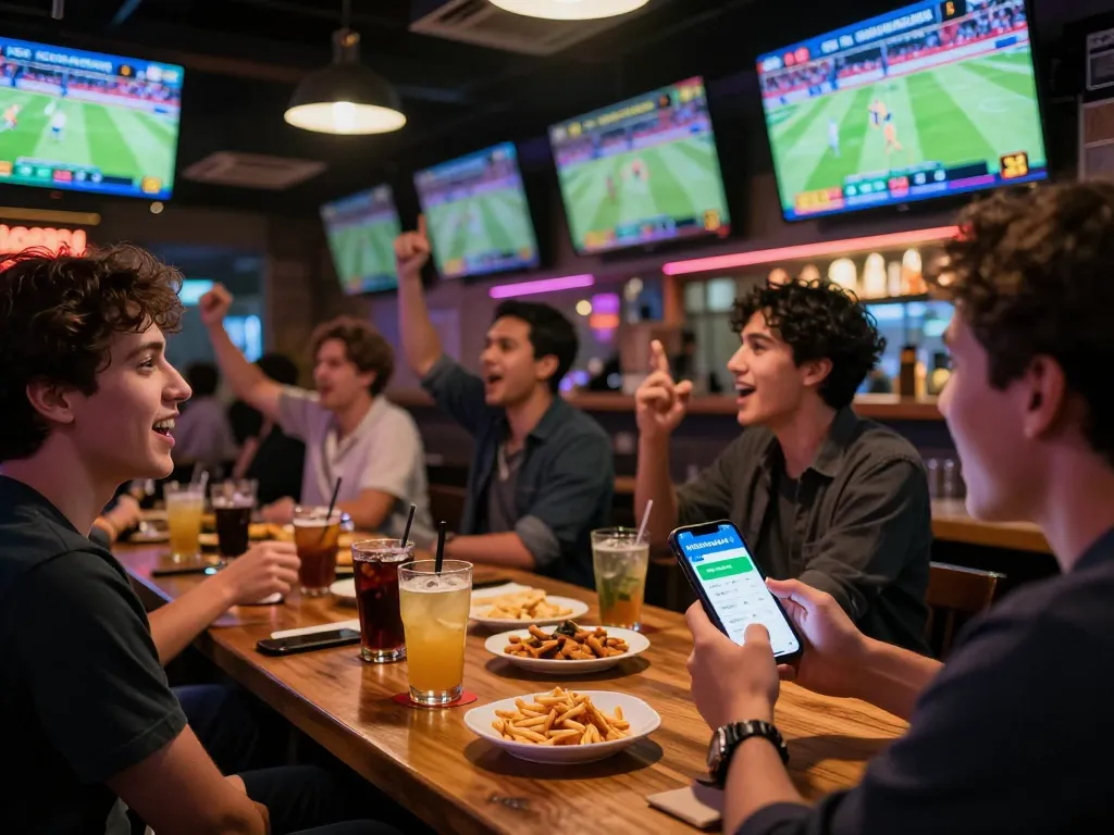 Friends engaging in sports betting using the nhacaiuytin44 app while watching live matches in a lively bar.