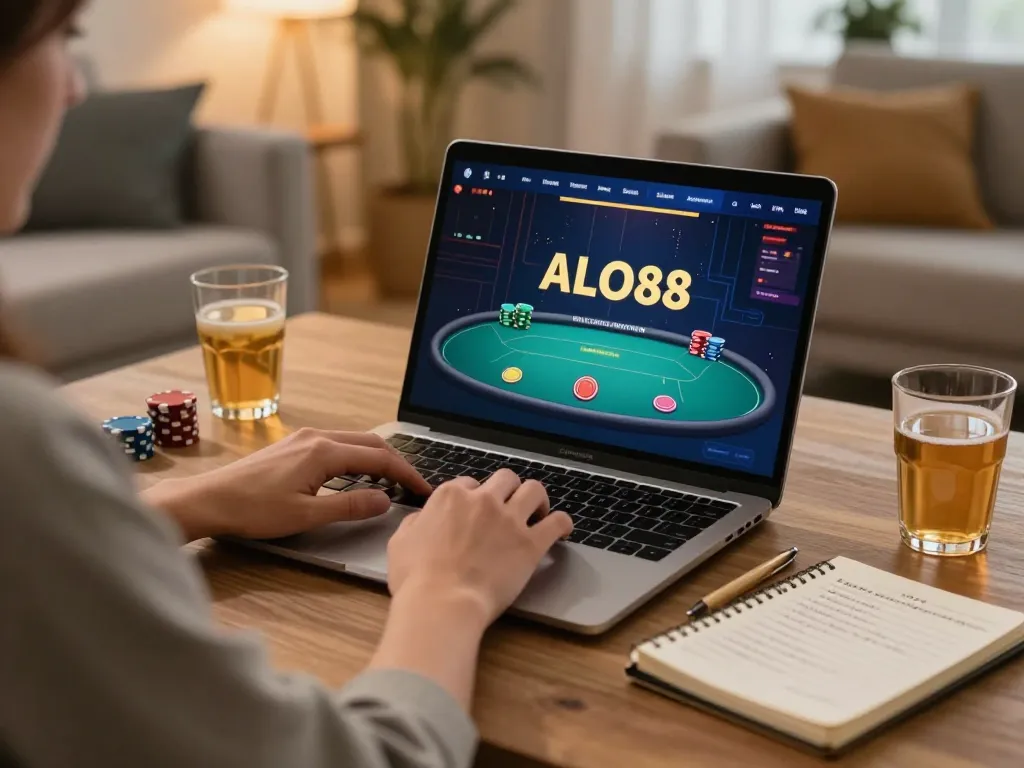 Person engages in ALO8 online poker gaming at home with strategic notes.