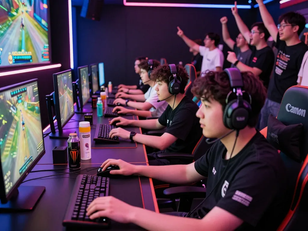 Engaging esports players competing with link hitclub on large screens in a vibrant arena.