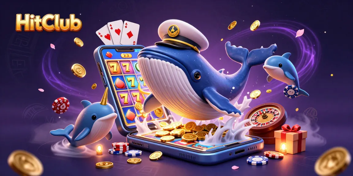 HitClub's thrilling gaming scene with a cartoon whale, narwhal, and dolphins playing with poker chips.