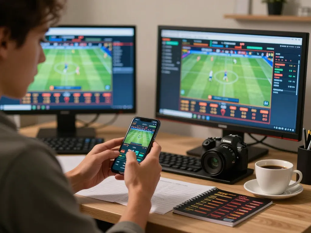 Place winning bets on 9bet from a cozy home office with multiple screens showing live games.