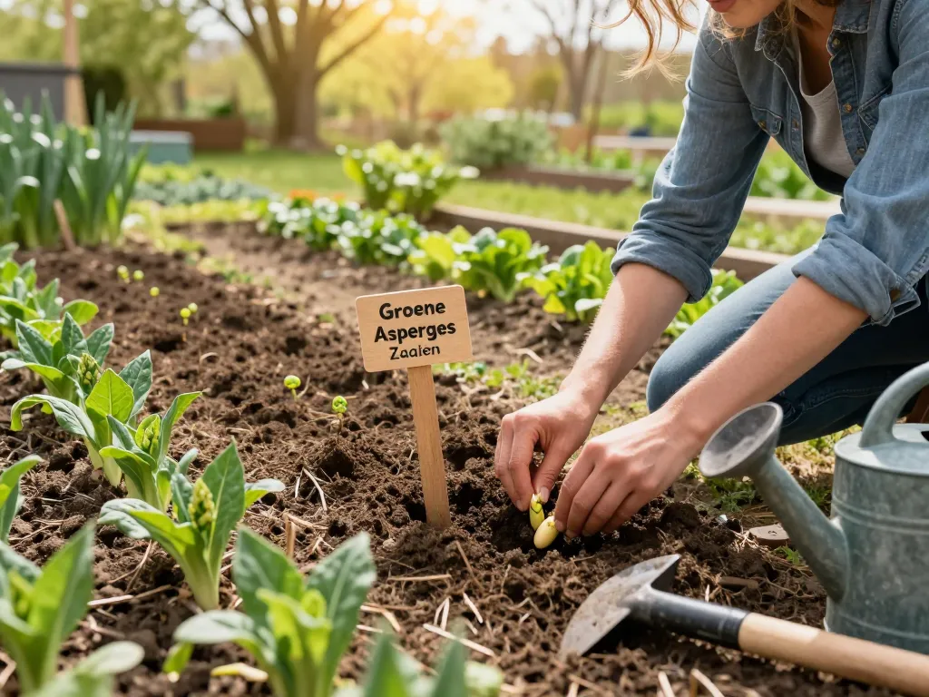 Planting groene asperges zaaien in a vibrant garden, showcasing sustainable gardening practices.