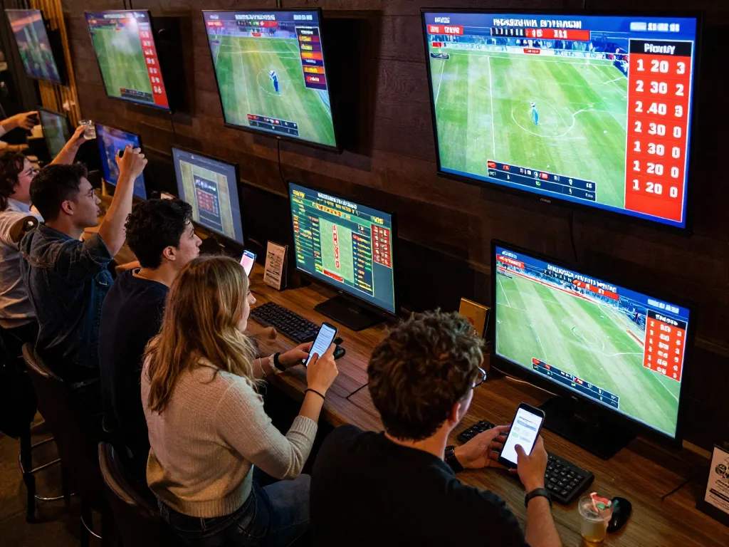 Friends celebrating sports betting action at a lively venue while using ok 365 mobile apps.